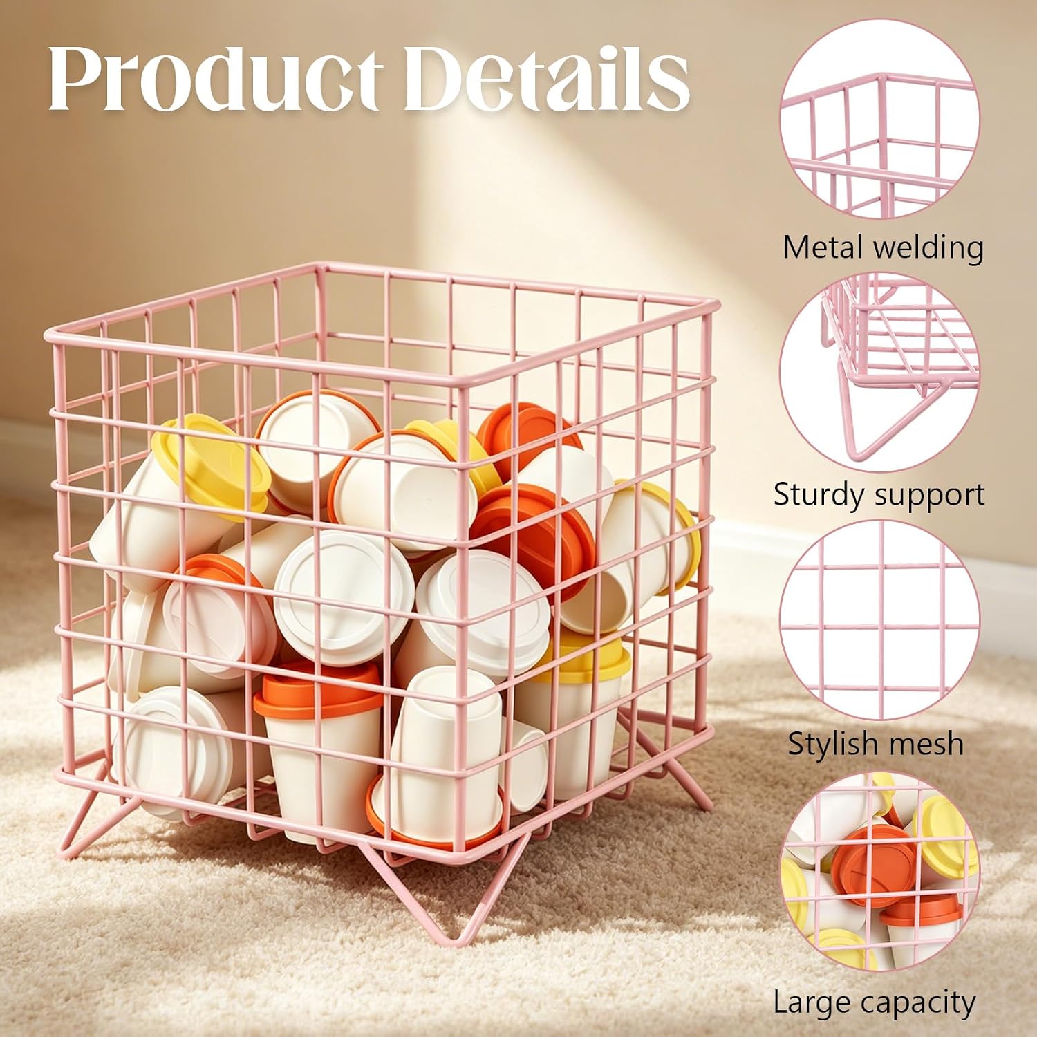 4 Pcs Metal K Cup Holder Organizer Coffee Pods Storage Basket Wire Kup Coffee Bar Accessories Large Capacity Metal Pink Countertop Organizer for Kitchen Office Desktop