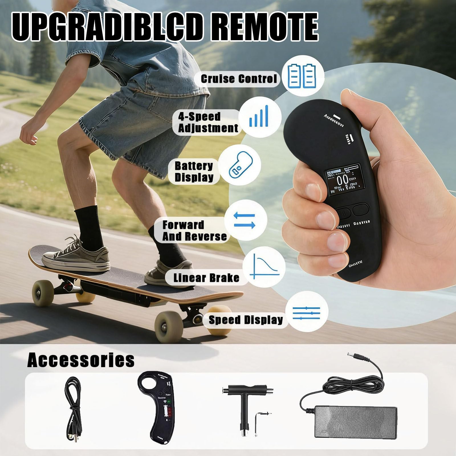 Skateboard électrique avec télécommande, longboard de 350 W pour adultes et débutants, portée de 15 km, vitesse maximale de 25 km/h, design léger, roues tout-terrain en polyuréthane