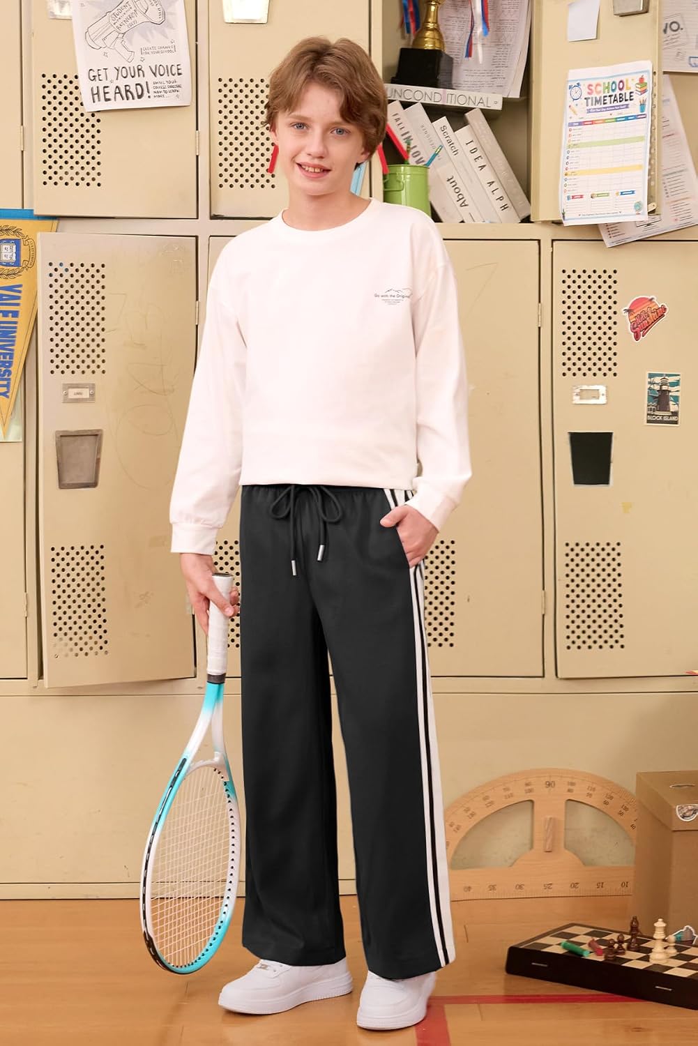 Boys Baggy Striped Track Pants Athletic Streetwear Wide Leg Pants