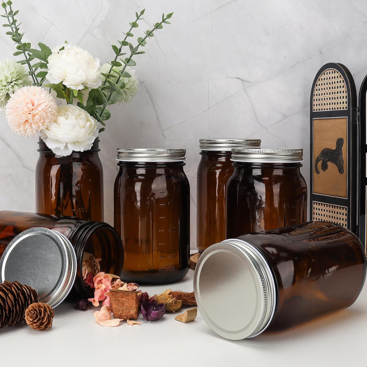 DHSBTLS 32 oz Glass Mason Jars, 6 Pack Amber Wide Mouth Glass Canning Jars with Silver Aluminum Lids and Bands, Airtight Jars for Food Storage, Canning, Overnight Oats, Fermenting, Pickling, Decor