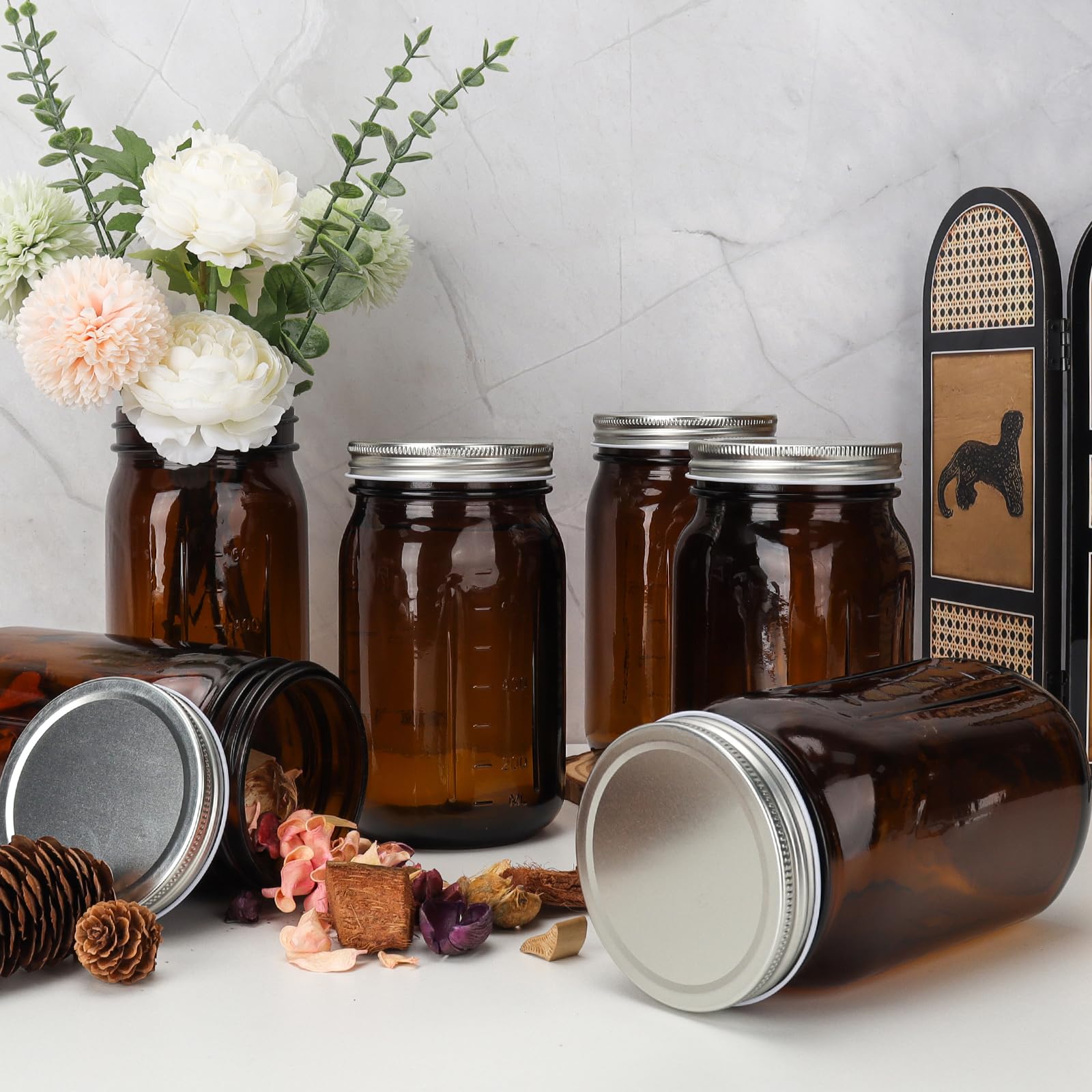 DHSBTLS Tarros de vidrio de 32 onzas, paquete de 6 tarros de vidrio ámbar de boca ancha con tapas y bandas de aluminio plateado, tarros herméticos para almacenamiento de alimentos, enlatado, avena