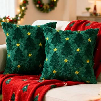 Hongsome Green Christmas Decor-Winter Throw Pillow Covers 18x18in Set of 2, Cute Soft Plush Faux Fur Pillow Case with Xmas Tree for Bedroom Office Couch Sofa Home Indoor Outdoor Holiday Decorations