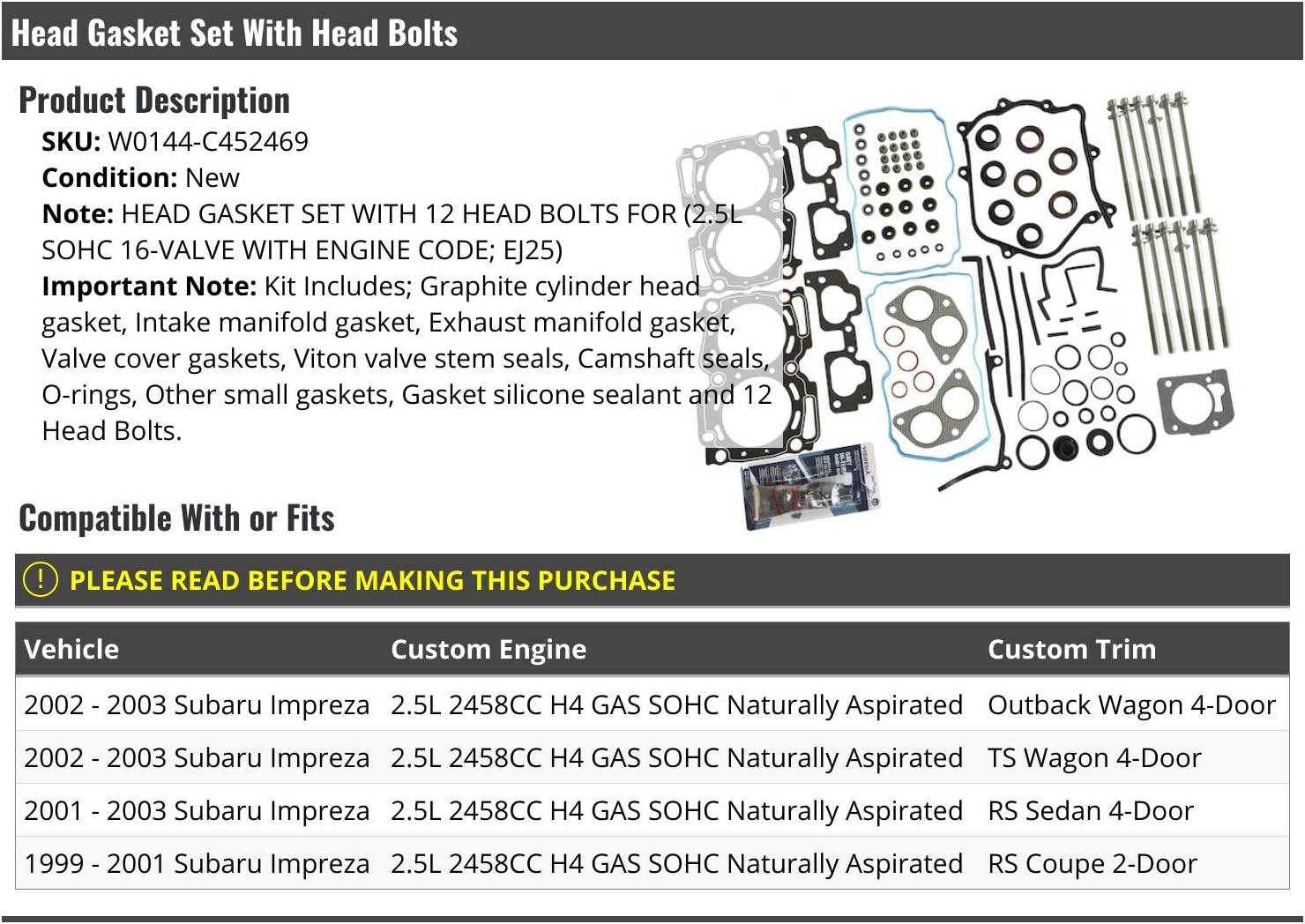Cylinder Head Gasket Set with Head Bolts - Compatible with 1999-2003 Subaru Impreza 2.5L SOHC 16-Valve with Engine Code EJ25