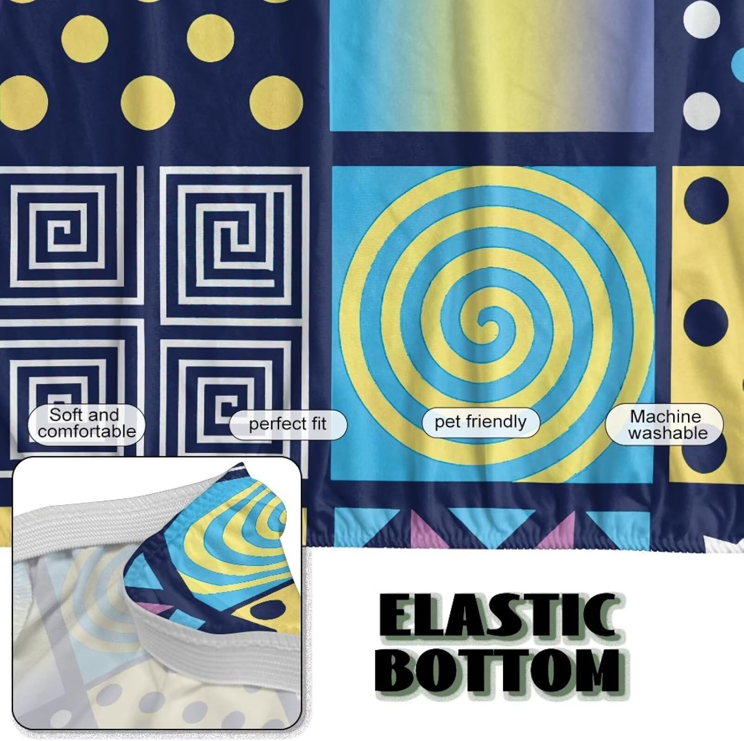 Geometric Collage Futon Sofa Covers Washable Dark Blue Furniture Protector Elastic Bottom Couch Slipcovers Non Slip Home Decor for Indoor
