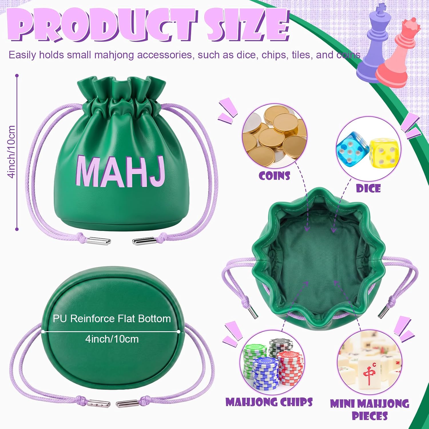Tudomro Mahjong Dice Bag 4" Mini PU Leather Drawstring Pouch, Green, A image 3
