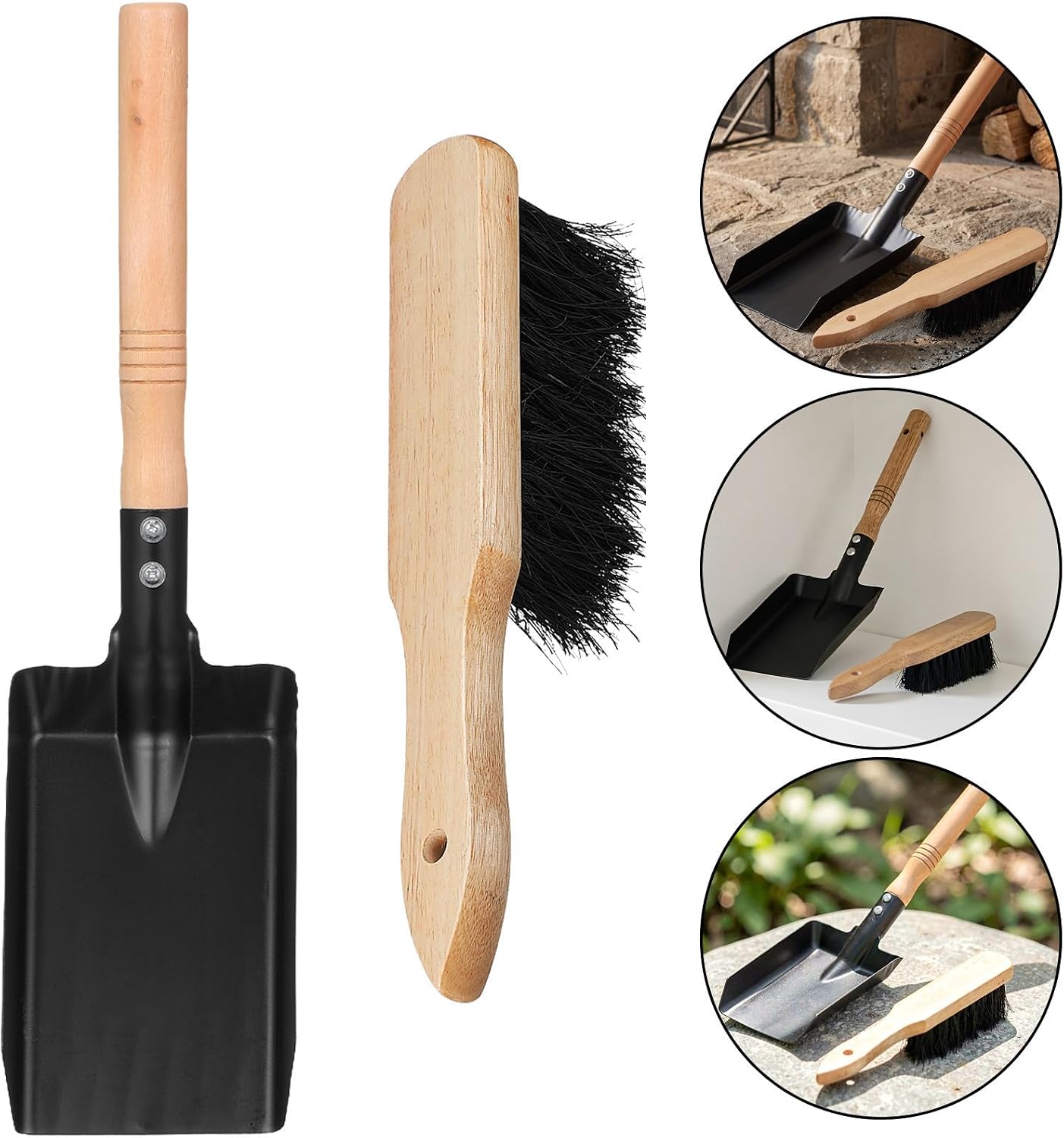 2 Set Fireplace Cleaning Dustpan and Brush Set with Wooden Handle