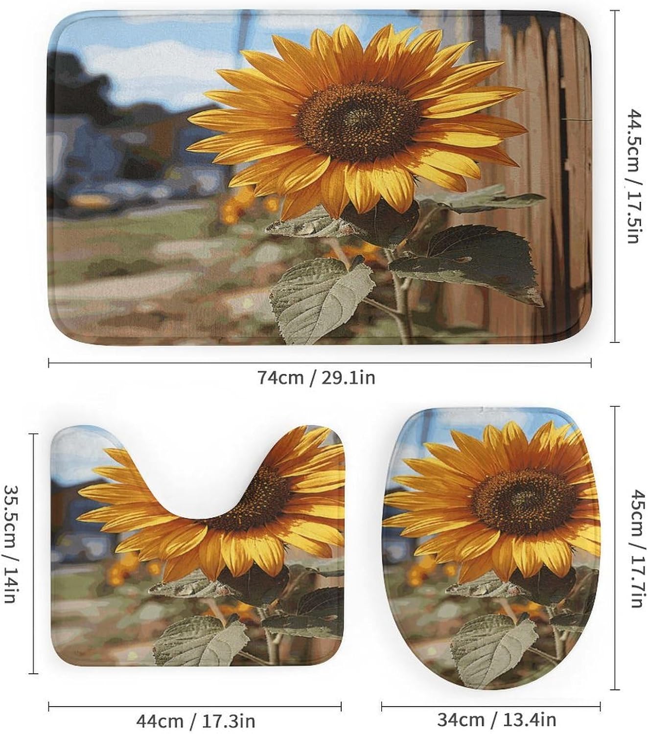Farm Sunflower 4Pcs Shower Curtain Set with Non-Slip Rugs, Toilet Lid Cover and Bath Mat,Bathroom Set Decor Accessories,Curtain Set with 12 Hooks, 72 X 72 Inch