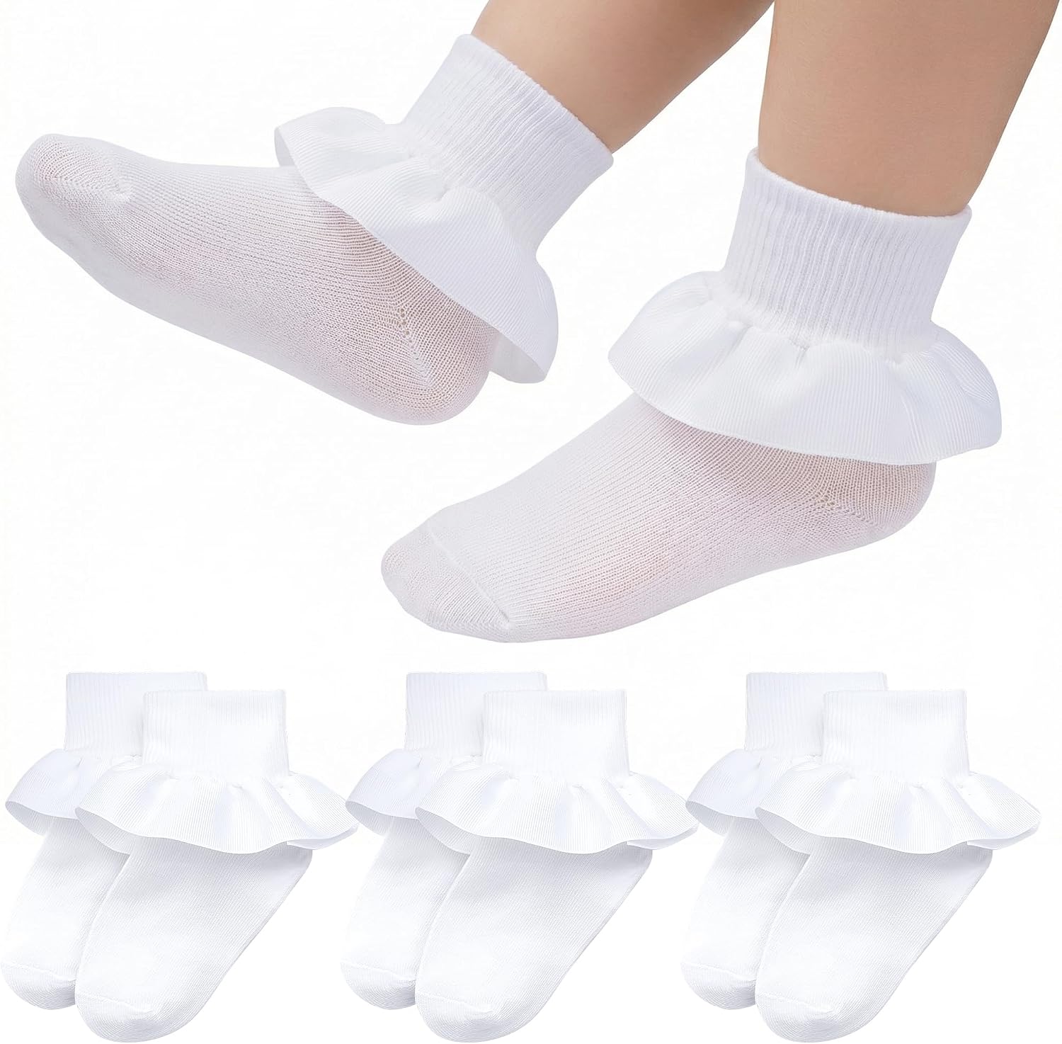 3 Pairs Girls Ruffle Socks Fancy White Ruffle Dress Socks for Girls Toddler Frilly Daily Wear