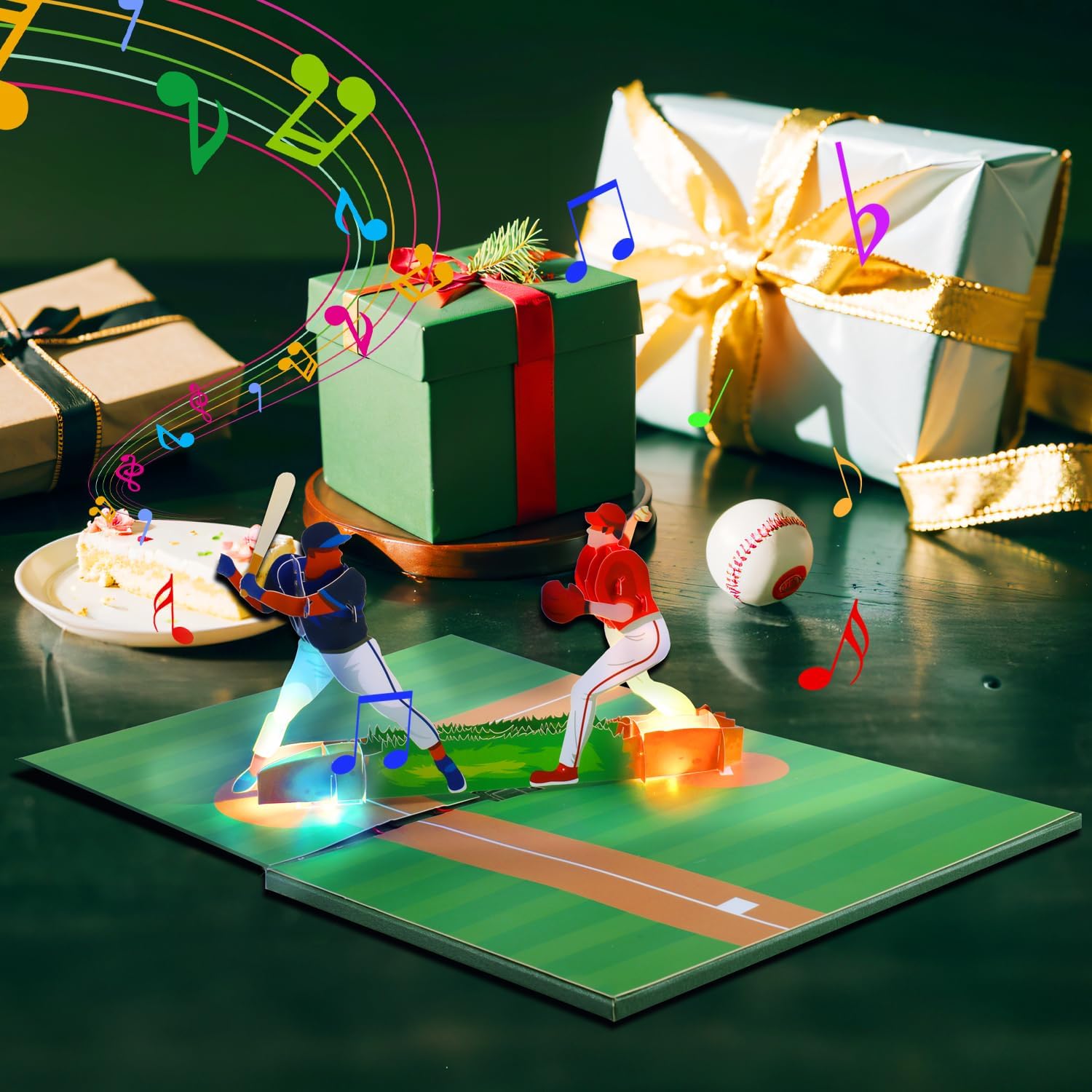 Magic Ants Musical 3D Pop-Up Baseball Card, Plays "Happy Birthday to You" Tune, Light-Up Baseball Scene with Batting & Pitching Players, Interactive Greeting Card for Baseball Fans, Players, Coaches, Collectors - Image 5
