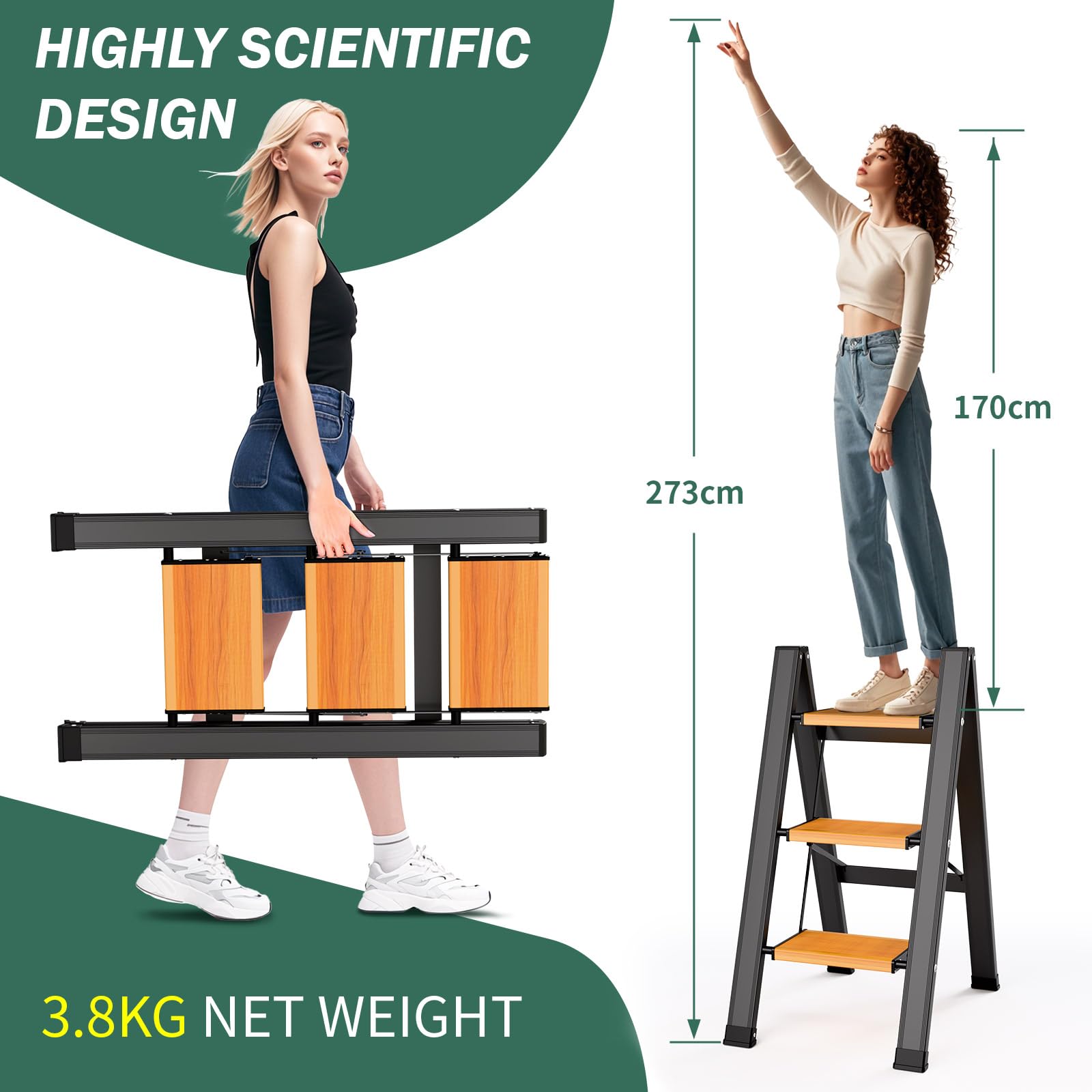KULACO Escalera Plegable 3 Peldaños de Aluminio, con Peldaños Antideslizantes y Portátil hasta 150 kg, Diseño Elegante para Hogar, Cocina, Camping