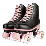YYW Roller Skates for Girls Light Up Youth Kids Roller Skate Black Pink Double Row Roller Shoes Girl Ages 8-12 Indoor Outdoor