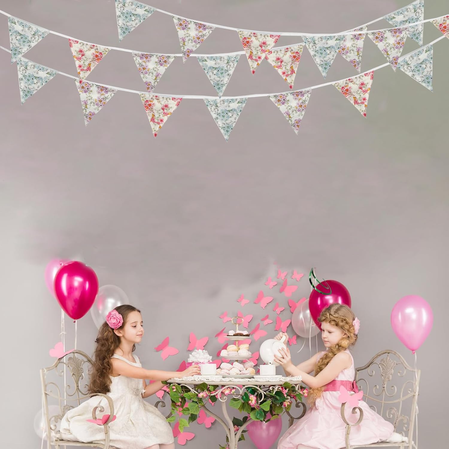 Zwiebeco 32Ft Vintage Flowers Fabric Pennant Banner Triangle Flags Cotton Retro Floral Bunting Party Decorations for Birthday Engagement Wedding Baby Shower Spring Rustic Village Home Garden Decor