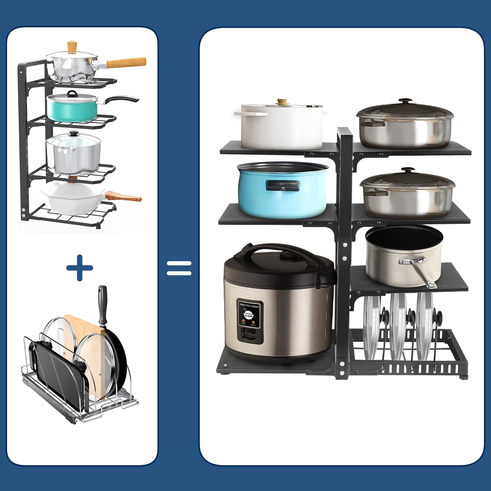 Organiseur de casseroles 6 + 1 niveaux réglables et robustes pour armoire, plusieurs modes d'utilisation, support de casseroles et poêles pour comptoir de cuisine et armoire
