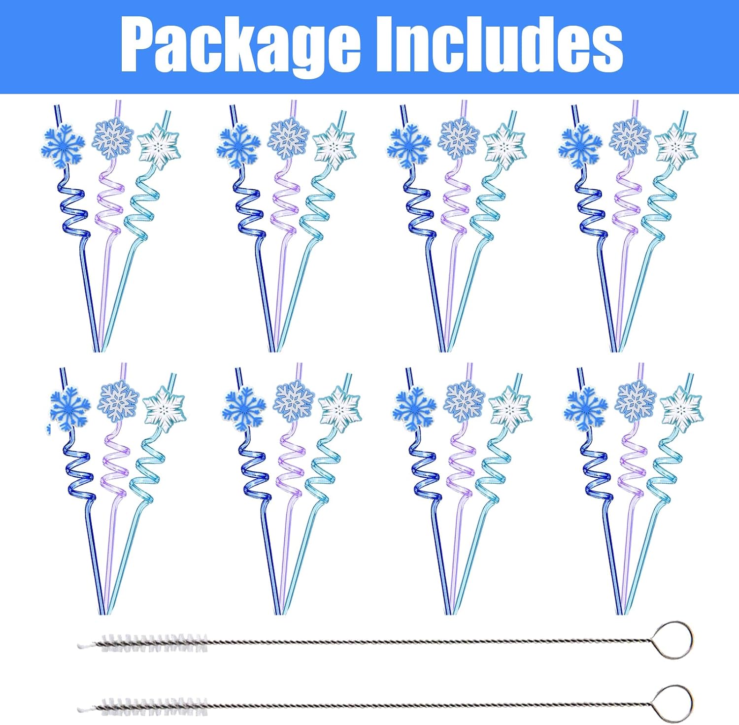 24 Pack Reusable Frozen Straws for Party Favors, Crazy Snowflake Plastic Drinking Straw for Birthday Party Decorations Supplies with 2 Cleaning Brushes (Blue) image 2