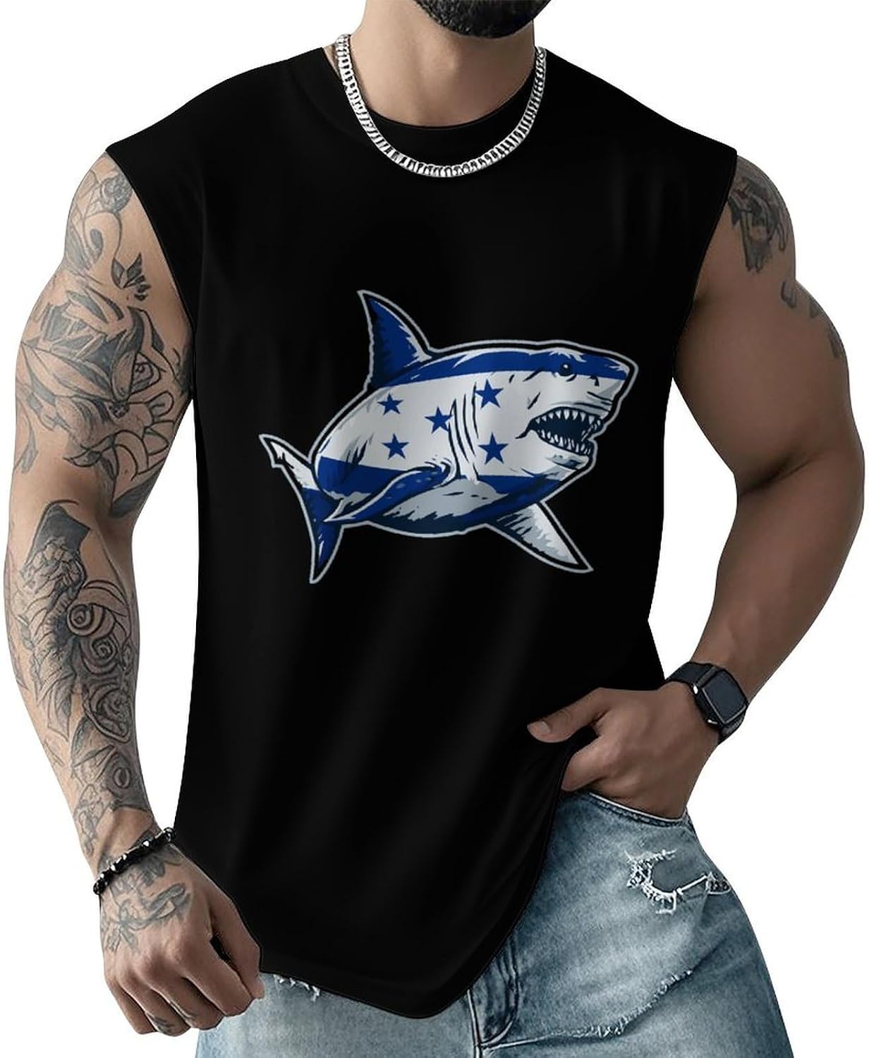 Honduras Flag Shark Men Summer Sleeveless Crew Neck Top 5XL