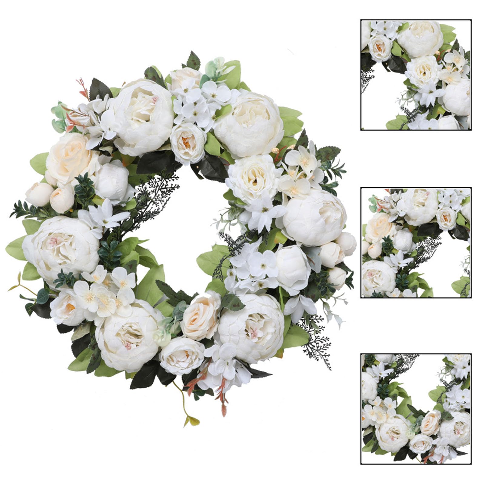 RIZGHWOY Ghirlanda Floreale di Peonia Rosa Artificiale, Decorazione da Appendere Alla Porta con Fiori Finti Fatti a Mano da 17,7 Pollici per la Casa della Parete di Nozze (WHITE)