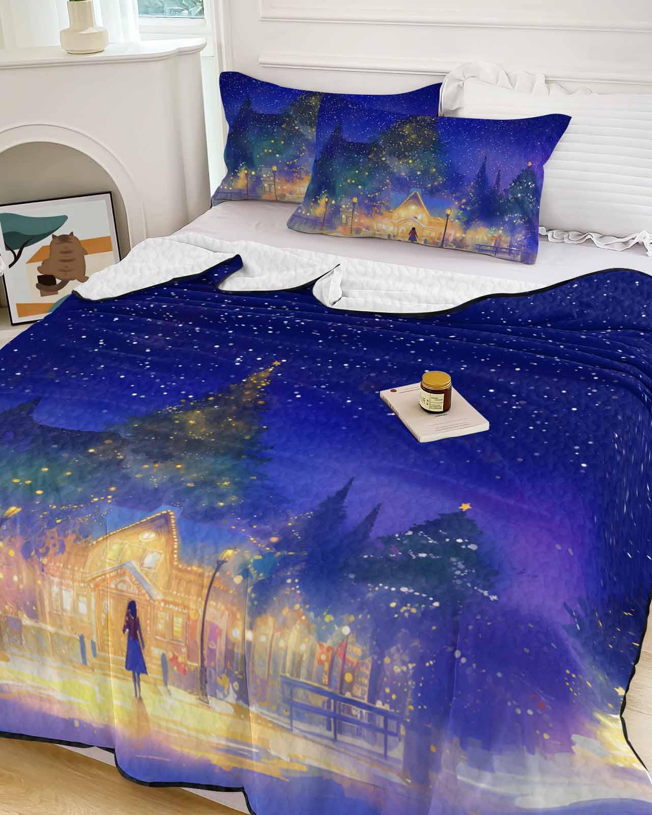 Quilts Full Size, Merry Christmas Soft Comforter Bedding Set for Bed, Vintage Girl Xmas Tree Snowfall Lightweight Quilte Bedspread with Pillow Cover(2 Pieces) for All Season, 78x90 Inch