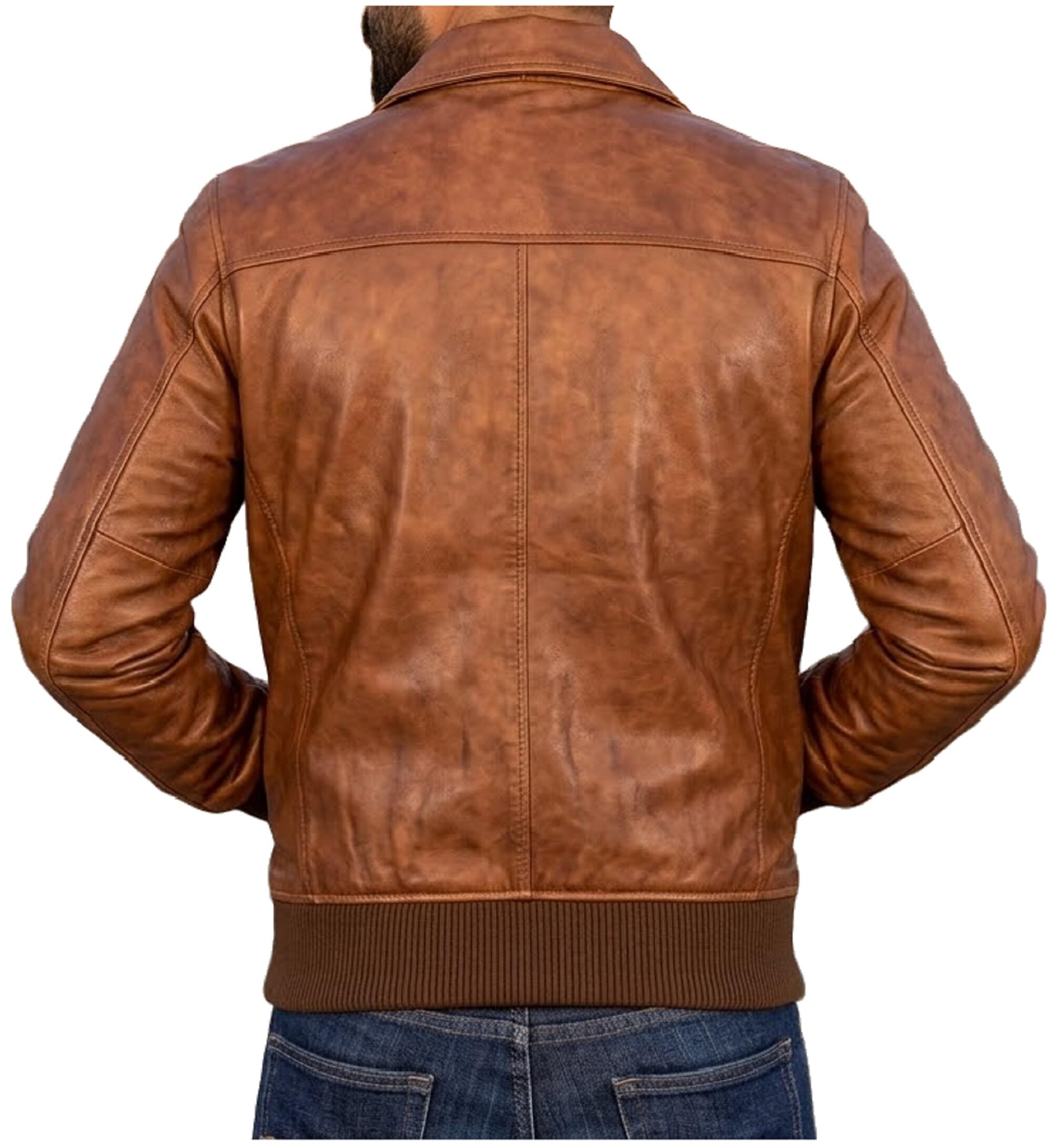 Chaqueta bomber de cuero resistente para hombre con ribete acanalado inspirado en la época