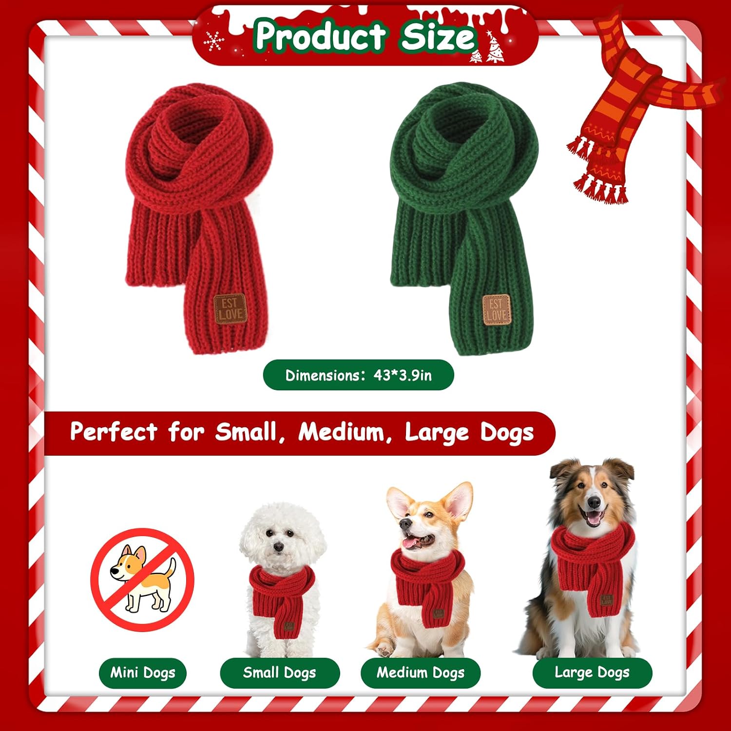 2 Pack Dog Christmas Scarf - Warn Knitted Christmas Dog Bandanas for Small Medium Large Dogs - Winter Holiday Decoration Scarf (Red&Green) image 4