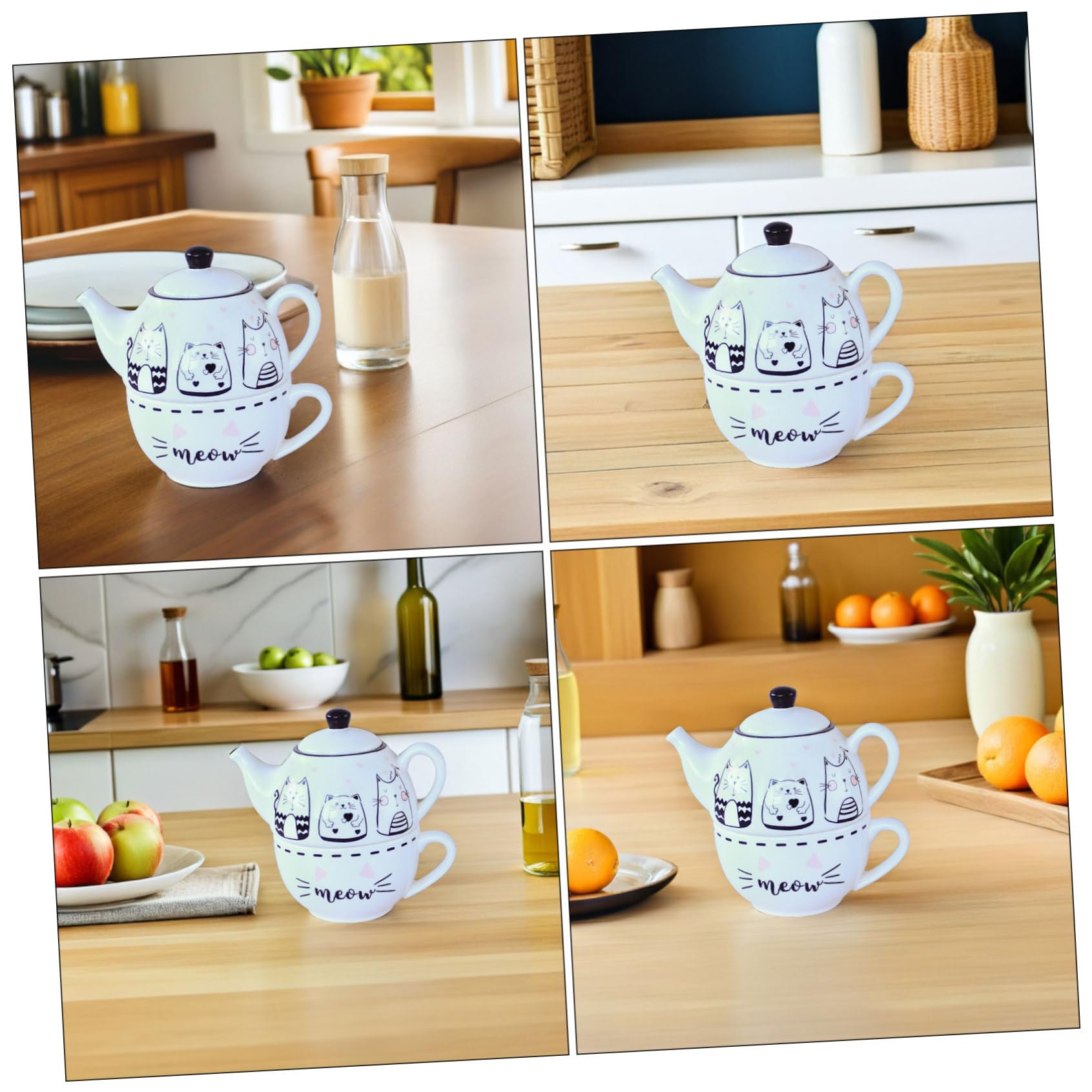 Service à Thé en Céramique Chat Noir Blanc, Théière Tasse