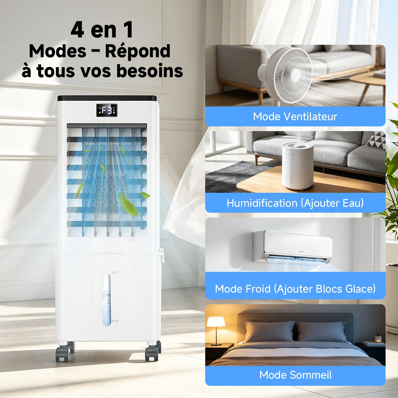 Climatiseur Mobile Silencieux Amélioré 10L, Rafraîchisseur d'Air 4‑en‑1, Télécommande, Minuterie 12h, 3 Vitesses, Oscillation, Climatiseur Portable Pour Camping Chambre Cuisine(Noir et blanc mat)