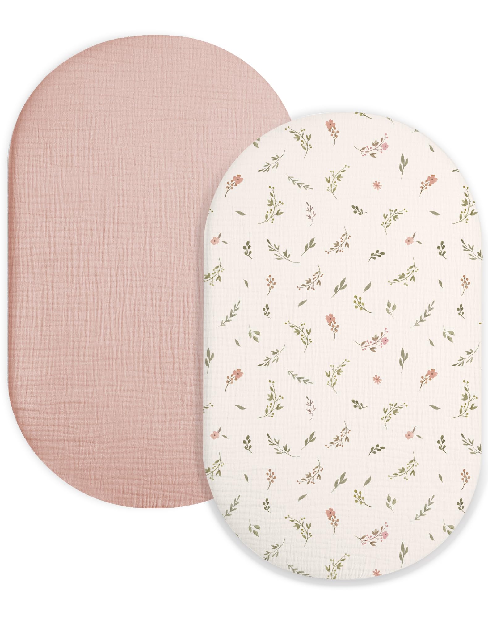Muslin Bassinet Sheets 2 Pack, 33" x 17", (Petal Leaf &amp; Pink)