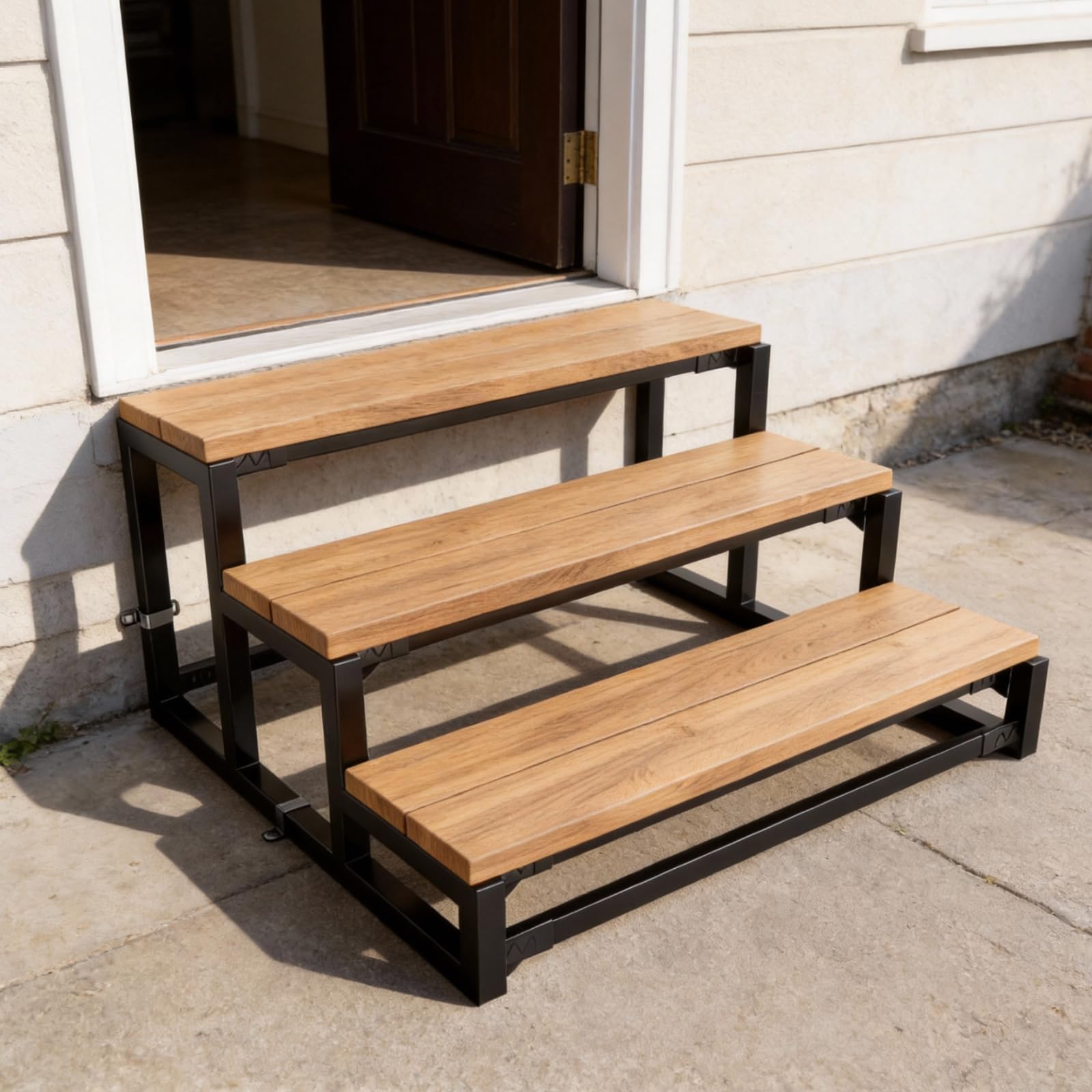 Peldaño de acero de 3 escalones, larguero metálico para peldaño de madera, soportes independientes para escaleras interiores y exteriores.(Ancho 80 cm)