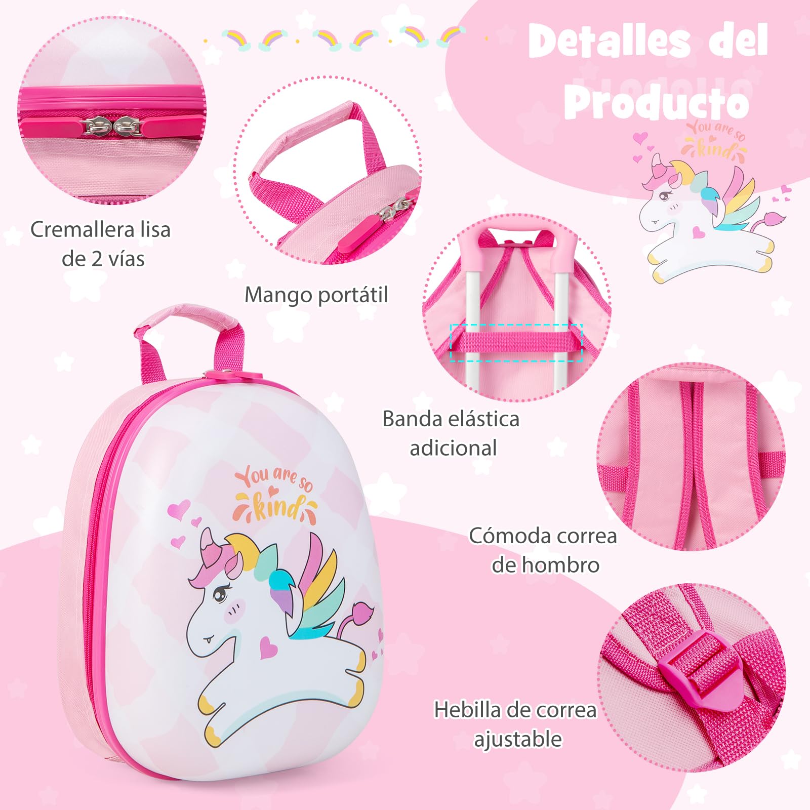 COSTWAY Maleta Infantil Niños, Equipaje de Viaje con Mochila, Equipaje Infantil con Ruedas Universales y Mango Ajustable, Juego de Mochila y Maleta Cabina Trolley (Patrón Unicornio)