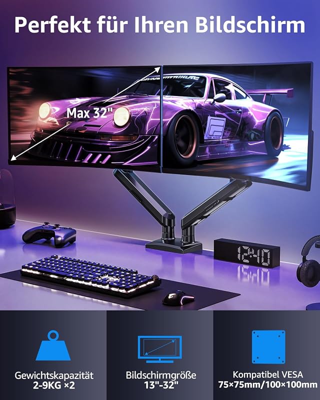 ELIVED EV6012B Dual Monitor Tartó 13-32 Colos Képernyőhöz, Gázrugós Monitor Kar Forgatható