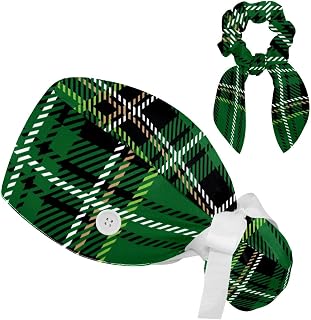 FVQL 2 Pieces Surgical Cap for Long Hair Scrub Cap with Hairband Nurse Cap, Green Pattern Plaid