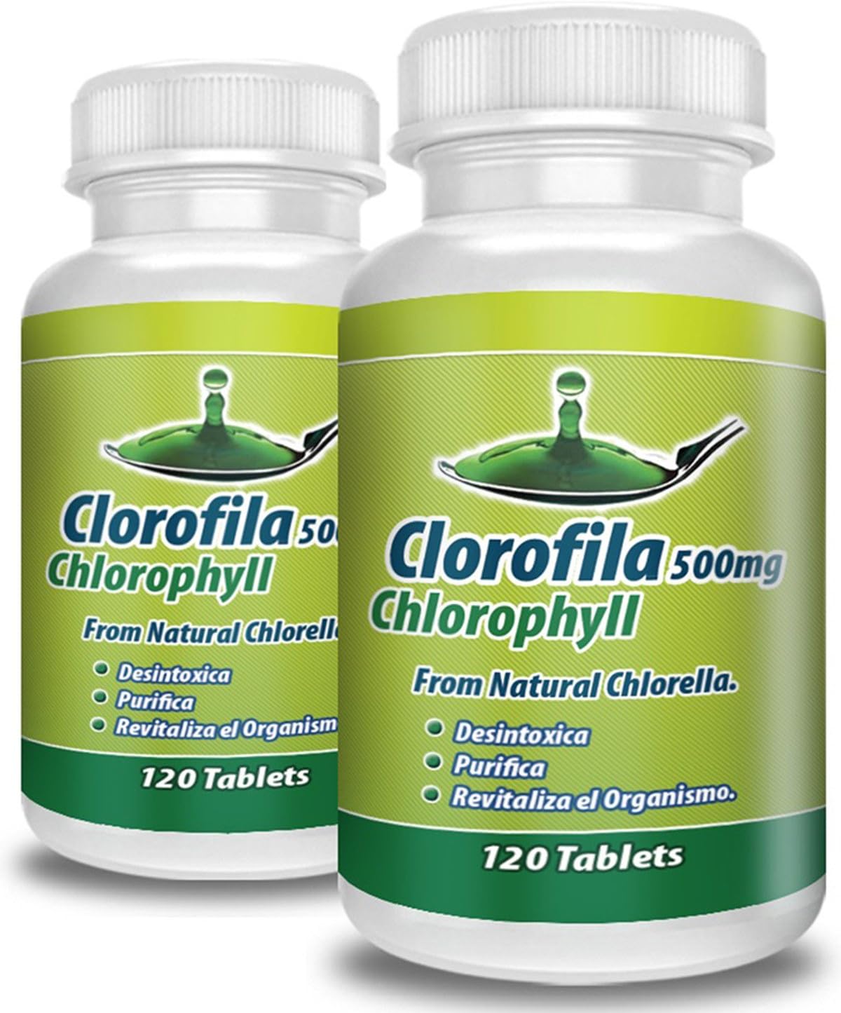 Clorofila en tabletas. Set de 2 frascos con 120 tabletas CADA uno. Desintoxica y purifica la Sangre, ayuda a la Digestion, combate estrenimiento, mejora el sistema Immune.100% Natural.