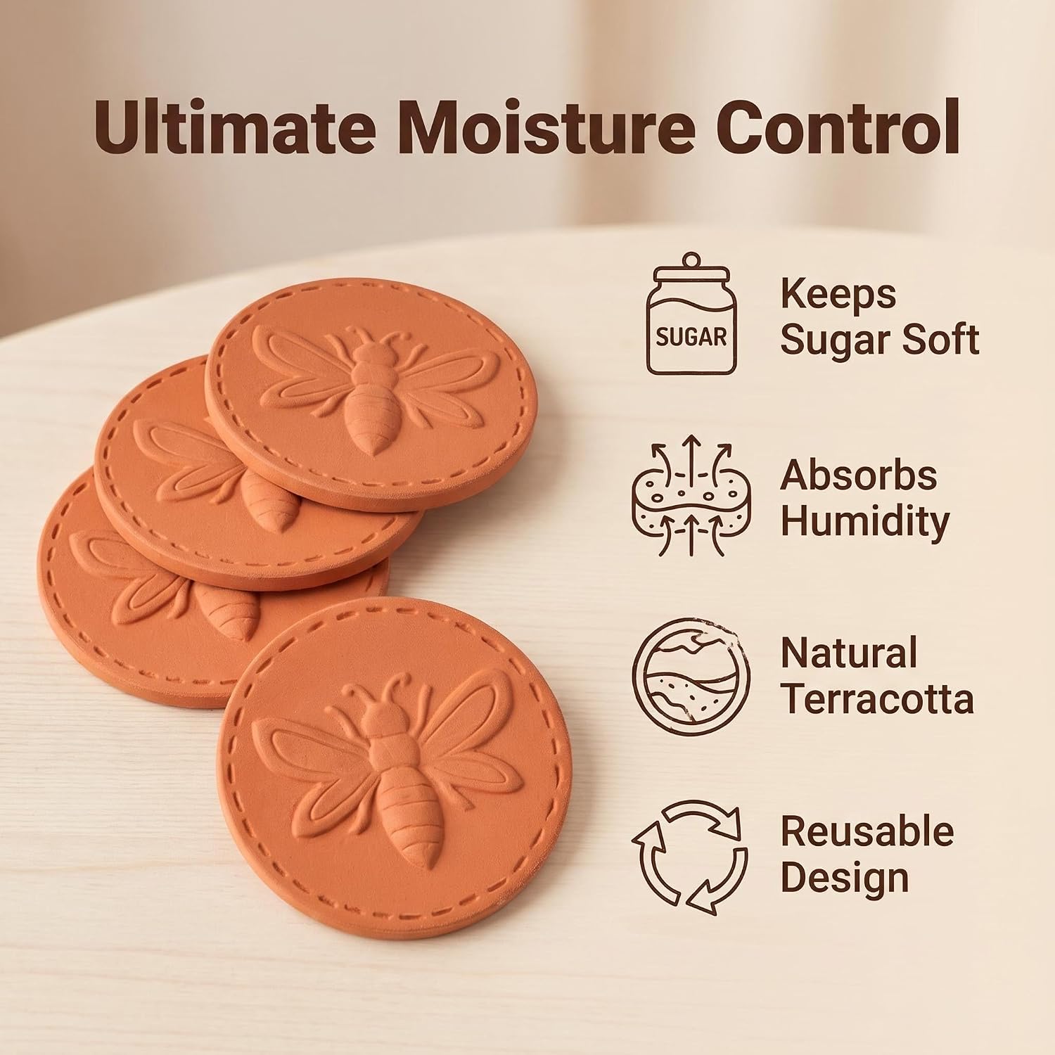 Terracotta Brown Sugar Saver Disc 4 Pack Bee Ceramic Food Moisture Keeper image 2