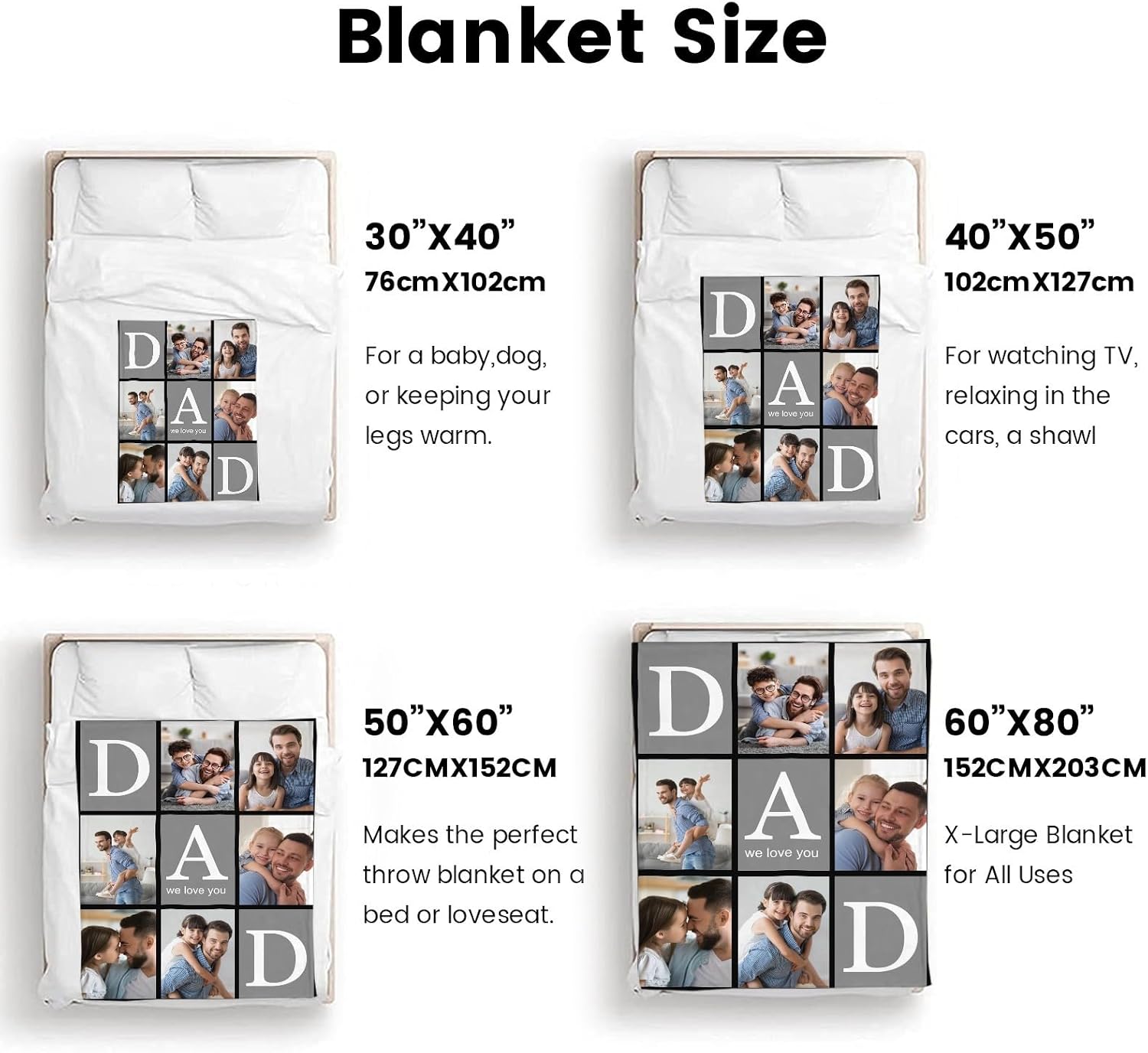 Artsadd Father's Day Blanket for Dad Father, Custom Blankets with Picture Text, Customized Throw Blanket for Dad Father, Made in USA