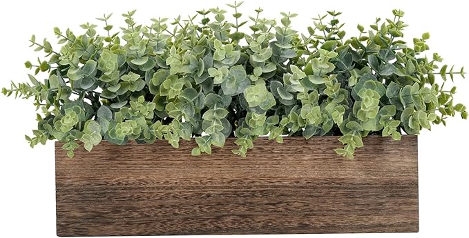 Velener 14" Artificial Eucalyptus Plants in Rustic Rectangular Wooden Planter
