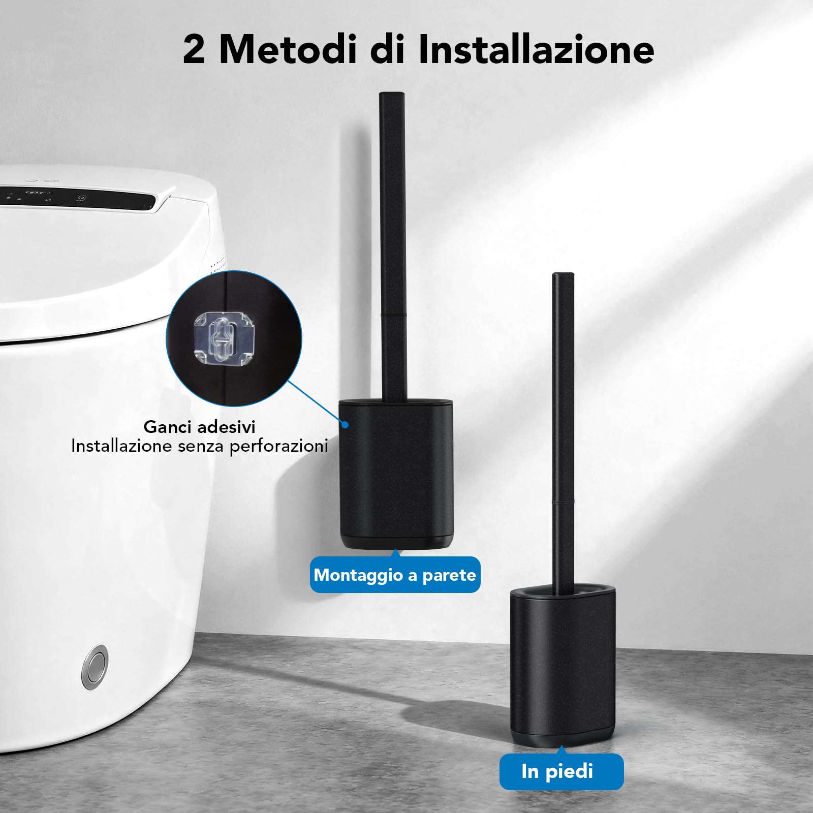 HOMEASY Scopino WC con Supporto in Acciaio Inox, Spazzolino WC ad Asciugatura Rapida con Base Rimovibile, Appoggiata a Terra o Fissata al Muro, Viene Fornito con 2 Adesivi Murali - Nero