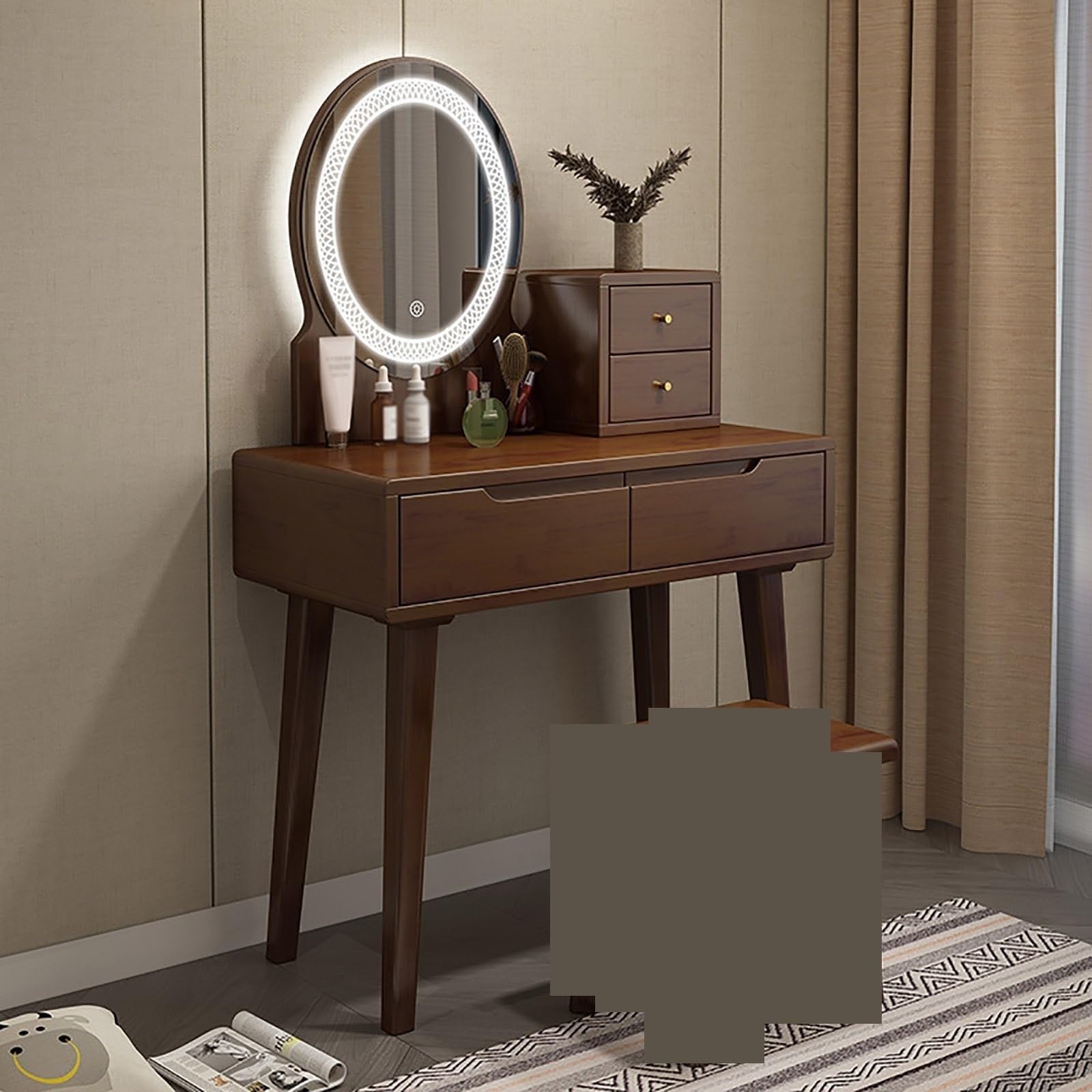 asdchZen Elegant Brown Wood Vanity Table Set With Mirror, Makeup Desk With Drawer For Small Spaces, Durable And Stylish Dressing Table For Apartments,Brown-60CM