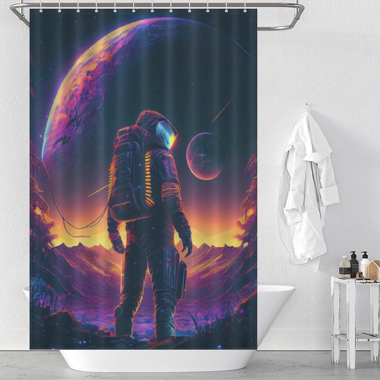 Rideau de douche astronaute néon en polyester textile imperméable de qualité supérieure 122x183