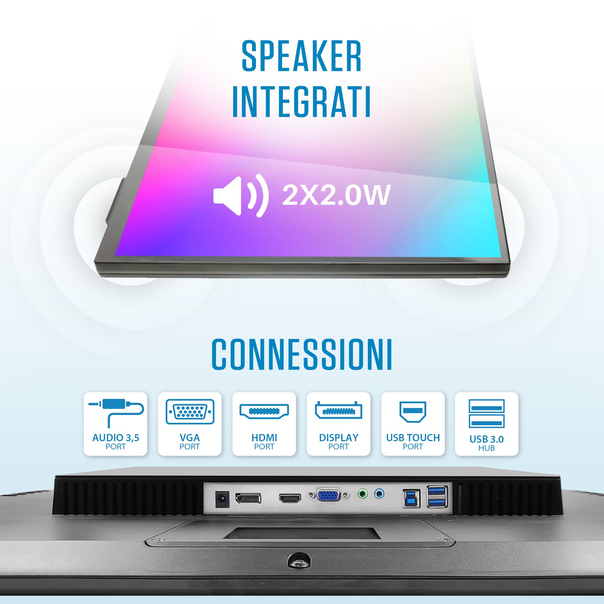 Atlantis Monitor Touch 27 pollici Full HD a 10 tocchi, vetro 7H | 1920x1080 HDMI/VGA/DP, inclinazione 15°-50°, contrasto 1000:1, angolo 178°, VESA 100, cod. A05-T27A-VHDM