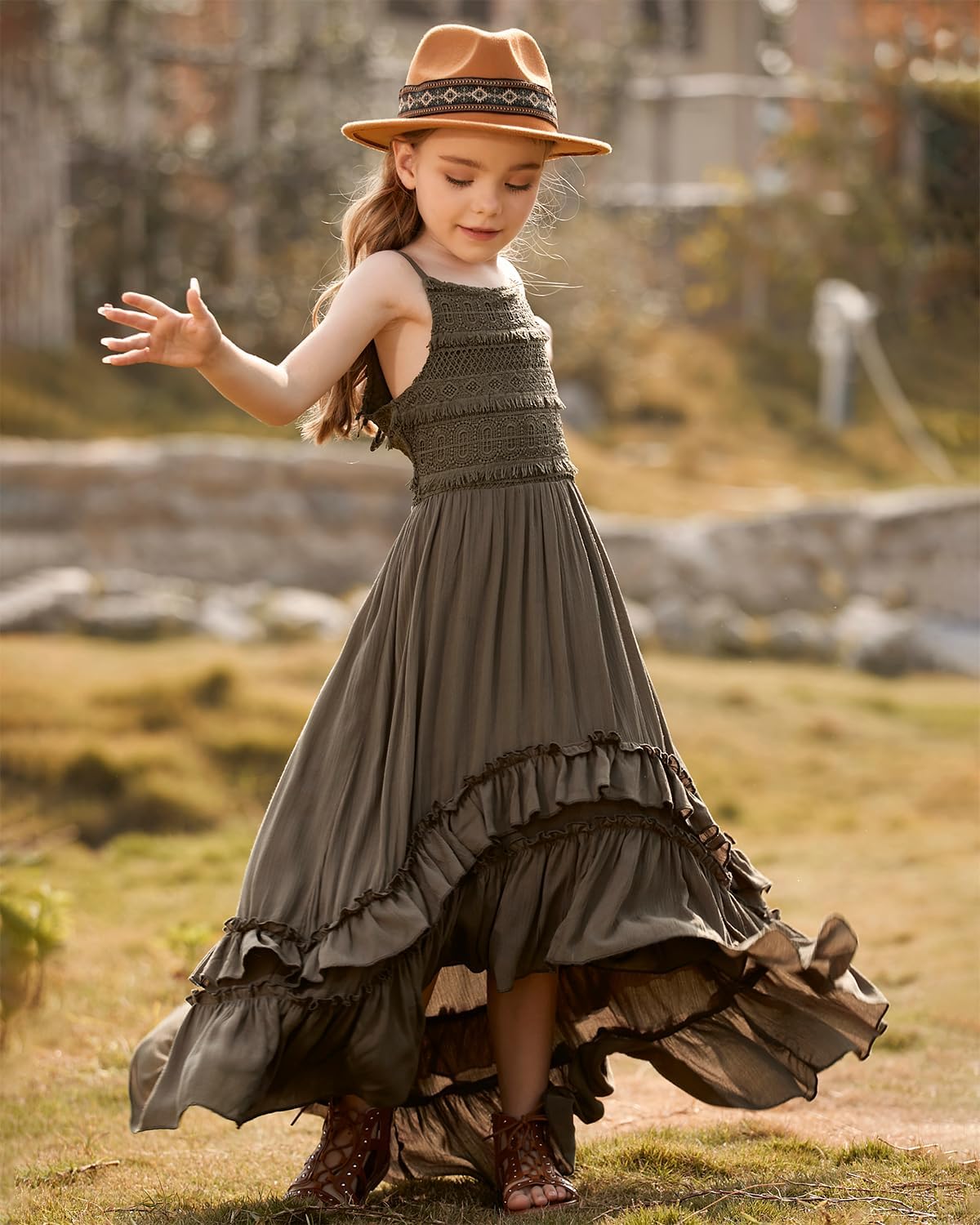 BIBIHOU Girls Lace Dress Boho Backless A Line High Low Hem Party Flower Girl Dress 6-14 Years
