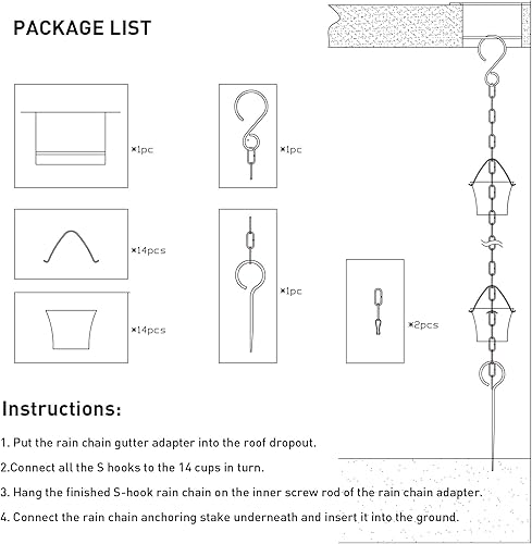Miniatura 6 de Aseneat Juego de cadenas de lluvia de 8.5 pies, no se oxidan, cadenas de lluvia de hierro forjado para canaletas con adaptador para drenaje y estaca