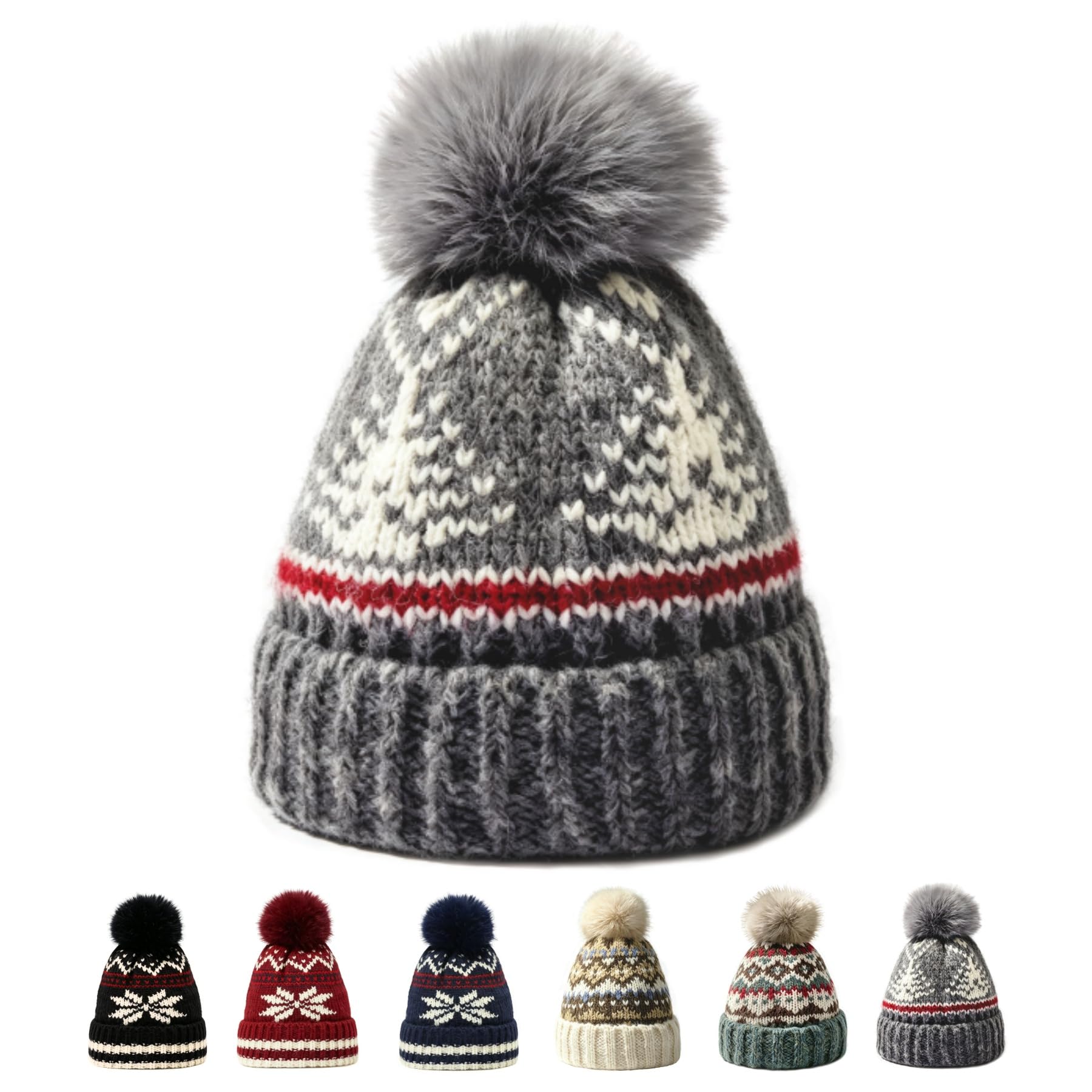 Kids Winter Beanie Hat - Fleece Lined Layer Chunky Knit Pom-Pom Stocking Cap for 3-12 Years Boys Girls Cold Weather