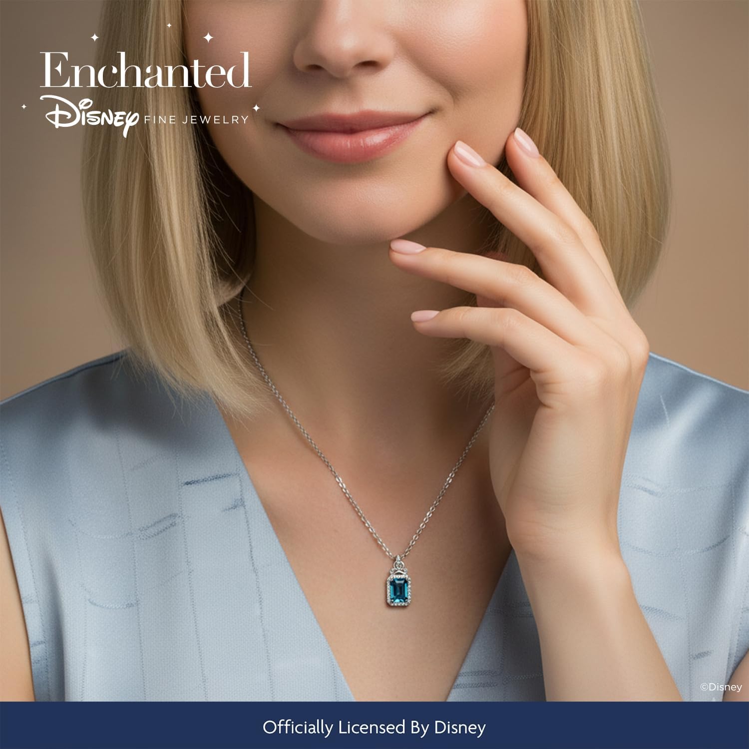 Jewelili Enchanted Disney Fine Jewelry Sterling Silver with 1/10 CTTW Diamonds and London Blue Topaz Cinderella Pendant Necklace