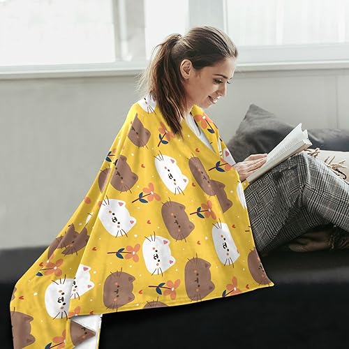 Miniatura 6 de KLL Cute Cartoon Cat and Plant Yellow Plush Travel Blankets 60x90 Inches Warm Spring Blanket for Home Decor, Bedroom, Bed, Holiday Microfiber