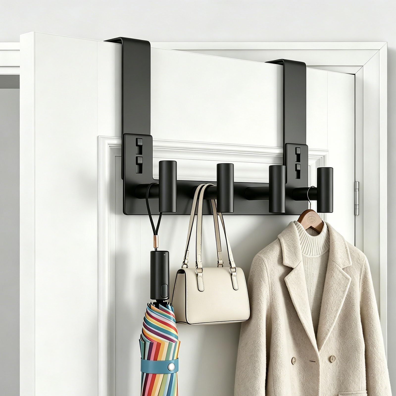 Stainless Steel Over The Door Hooks Heavy Duty, Bathroom Towel Holder Door Mount Coat Rack Towel Rack for Bedroom, Doors Hangers Towel Hooks for Bathroom Dorm Essentials (1Pack, Black-4 Hooks)