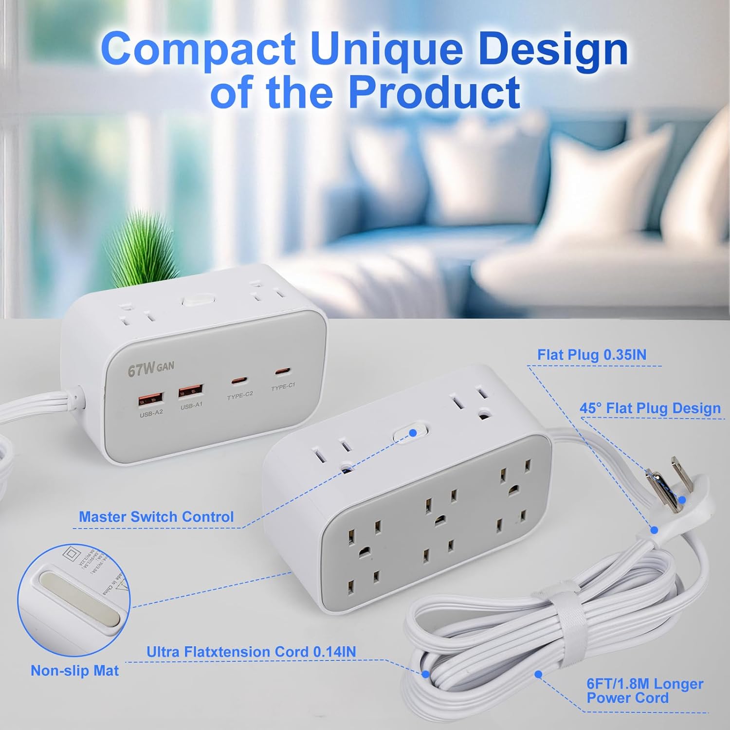 67W GaN Power Strip, 12-in-1 Flat Plug with 8 AC Outlets, 2 USB-A & 2 USB-C Ports, 6Ft Flat Extension Cord, Desktop Surge Protector for MacBook Pro, iPhone 16 Pro & More