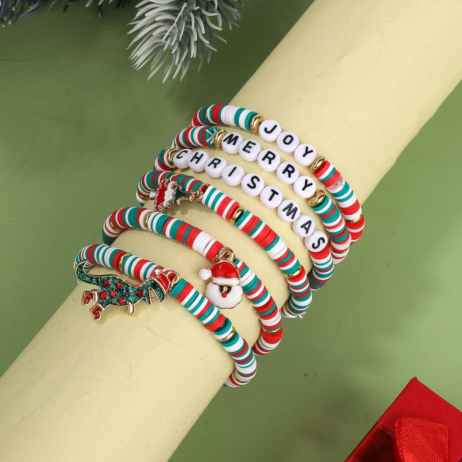 6pcs Christmas Bracelets for Women, Colorful Stackable Joy & Merry Christmas Beaded Bracelets for Holiday Boho Jewelry Accessories - Image 3