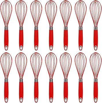 Red Silicone Wire Whisk, 14 Piece 10-Inch Commercial Non-Scratch Balloon Whisk for Cooking, Manual Egg Beater Milk Frother Coffee Whisks, for Blending, Whisking, Beating and Stirring