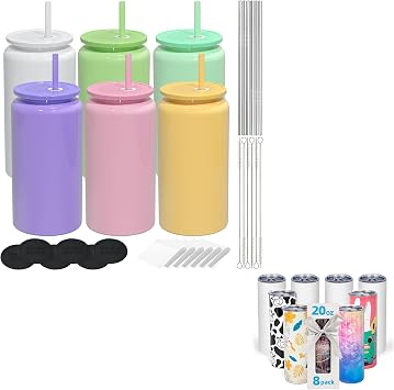 8 Pack 20 OZ Sublimation Tumbler and 6 Pack Glass Cups with Lids and Straws