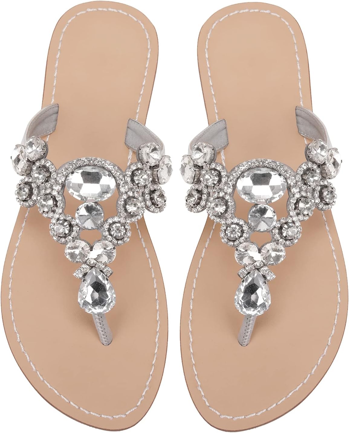 UTIKLIOU Women's Rhinestone Flat Sandals T-Strap Thong Sandals
