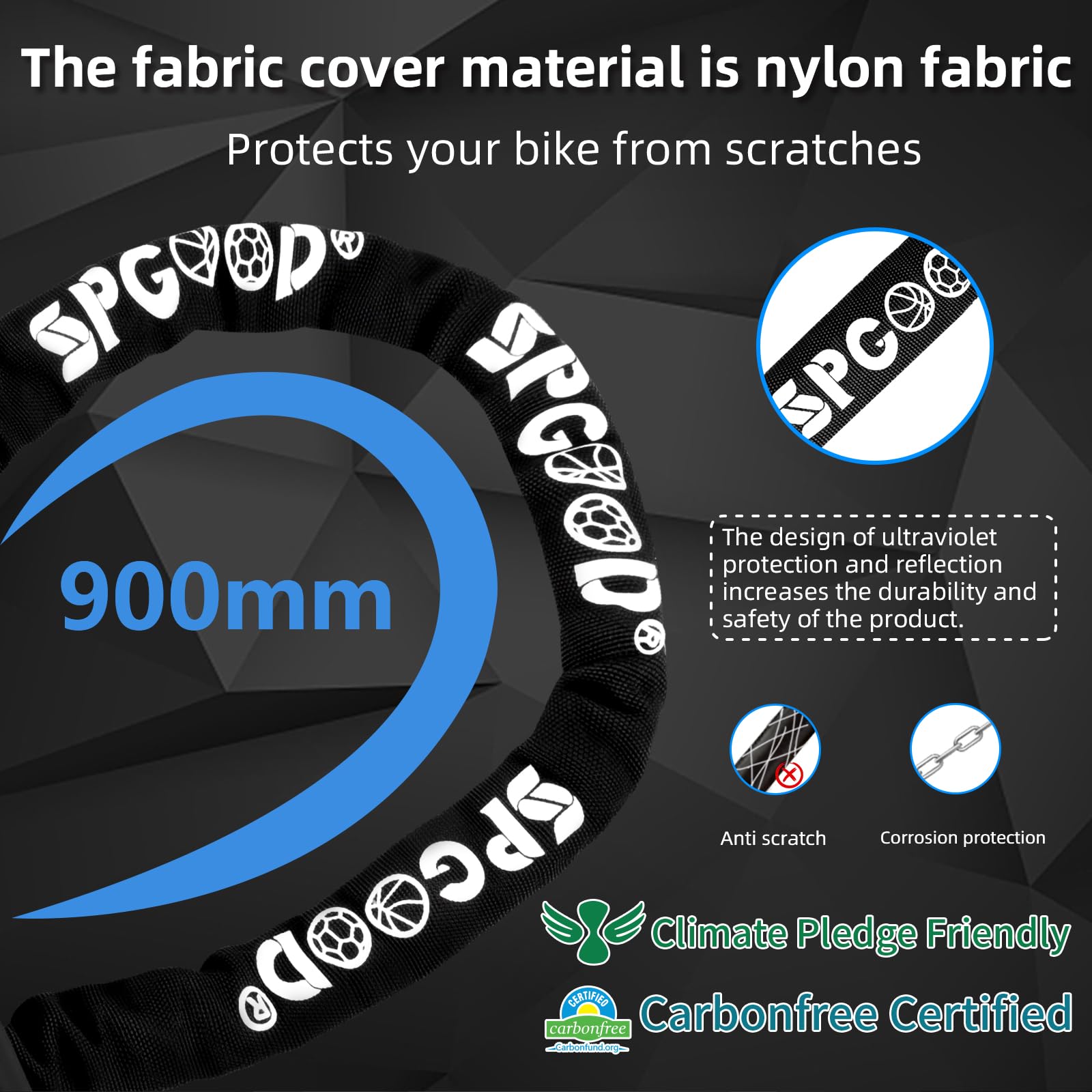 Gros plan sur la chaîne en acier de 6 mm recouverte de nylon de l'antivol SPGOOD.